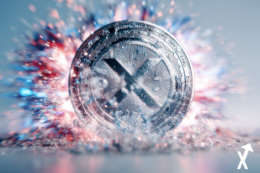 "Moeda xrp prateada em fundo azul-branco-vermelho el&eacute;trico em fundo prata"