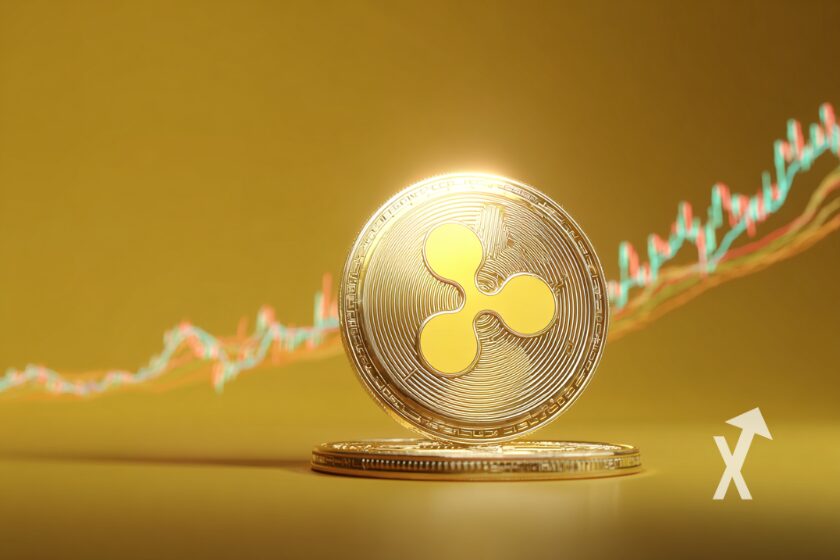 Moeda XRP em amarelo com gr&aacute;fico.