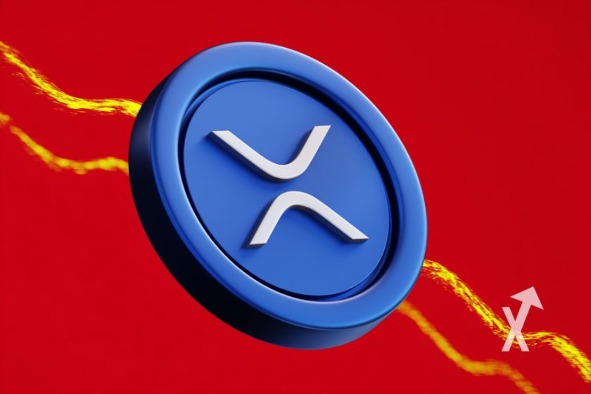 Moeda azul XRP sobre fundo vermelho.