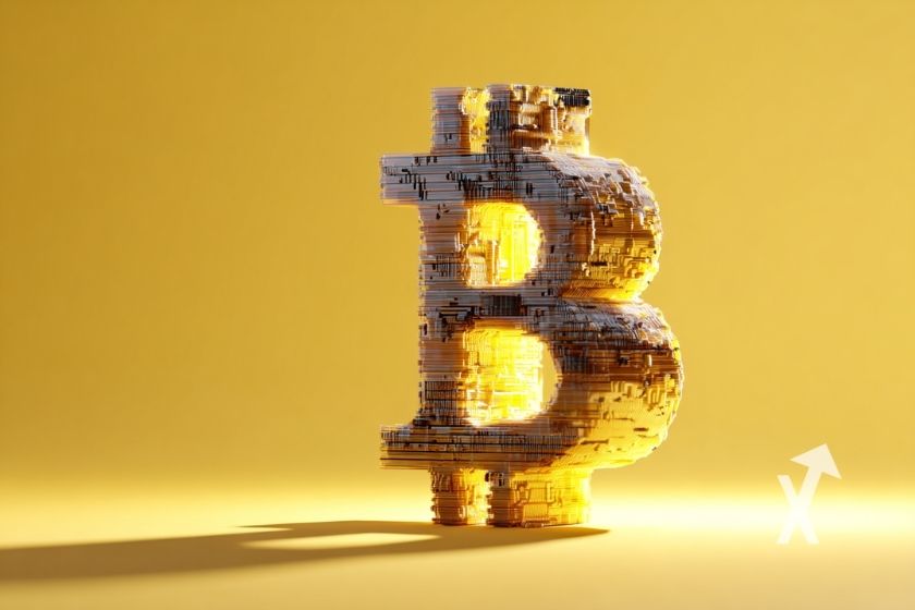 Logotipo Bitcoin em quadrados sobre amarelo.