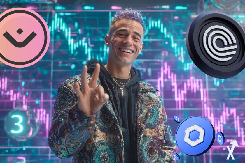 Um trader estiloso sorrindo fazendo "3", cercado por gr&aacute;ficos brilhantes e os logos chainlink, ondo e mantra om.