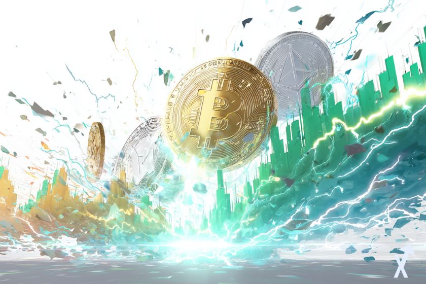 Bitcoin e Ethereum em explos&atilde;o luminosa.