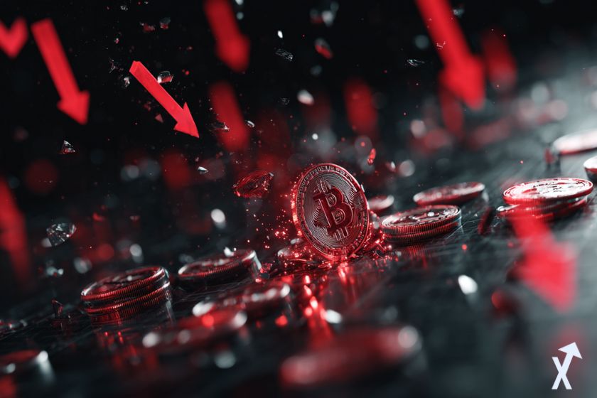 Moeda 3D bitcoin vermelha, seta para baixo, ambiente escuro.