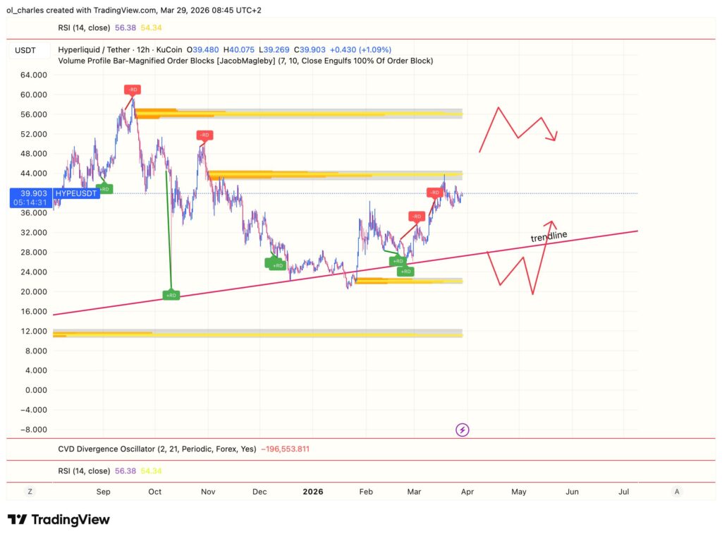 Preço do HYPE em 12 horas com order blocks
