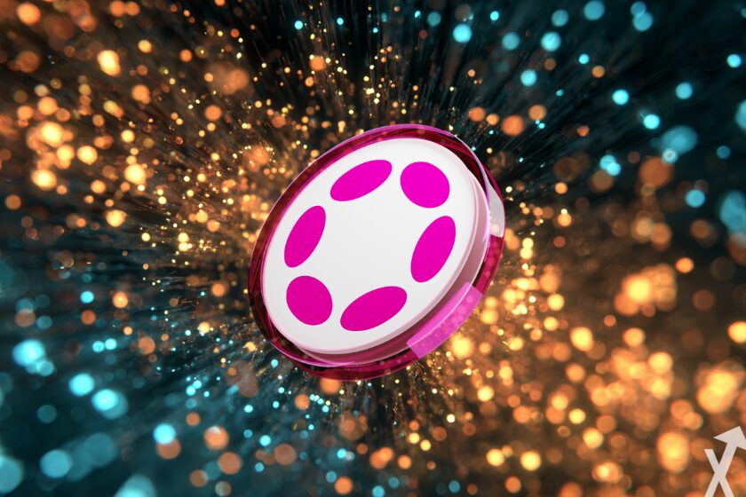 polkadot coin rose sur fond blockchain color&eacute;e