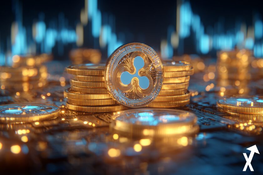 xrp coin dor&eacute; sur fond trading chart bleu et or