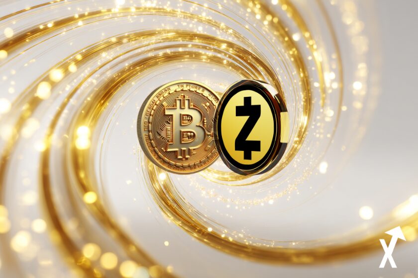 spirale dor&eacute;e blanche avec coin bitcoin et zcash au centre