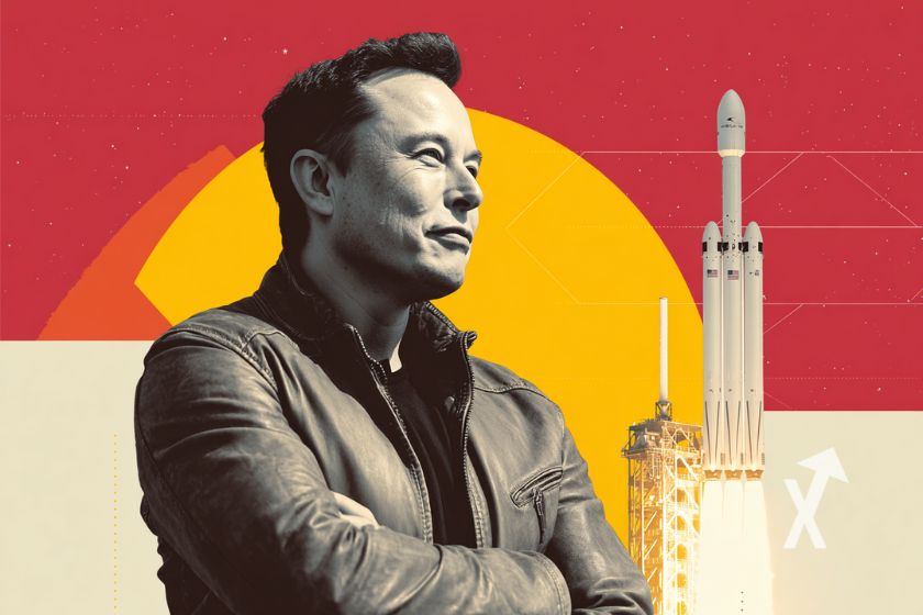 Musk sur un fond rouge et beige avec un cercle jaune et une fus&eacute;e SpaceX