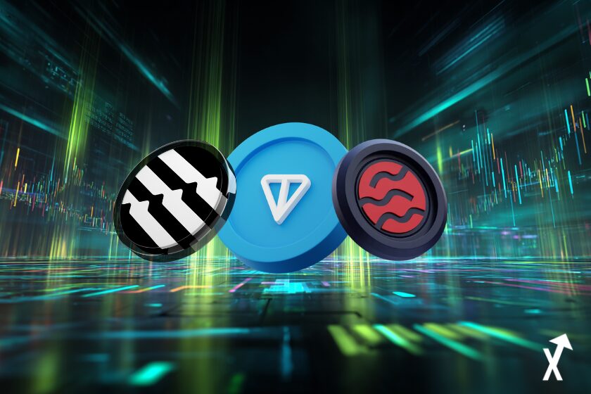 Futuristic crypto trading floor, glowing holographic price charts and candlestick graphs floating in the air, neon blue and green light rays, data streams flowing upward, dark background with electric light reflections, no logos no coins, ultra colorful, cinematic lighting, hyperrealistic aptos toncoin et sei