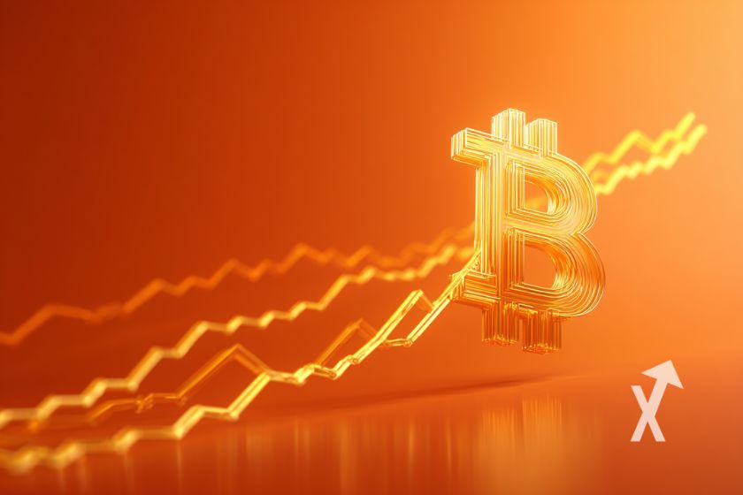 Bitcoin logo en jaune avec trendline jaune et fond orange