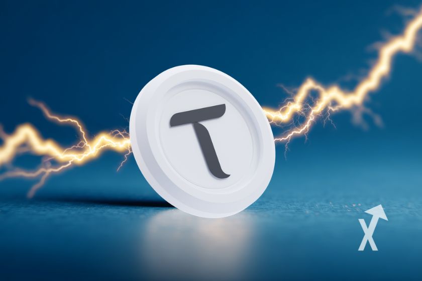 coin tao bittensor sur un fond bleu avec trendline jaune en &eacute;claire