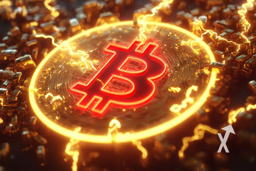 Bitcoin logo en rouge sur un fond de puce GPU &eacute;lectrique