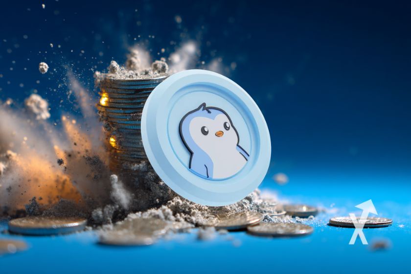 Pengu coin sur un fond bleu avec des coins empil&eacute;s derri&egrave;re