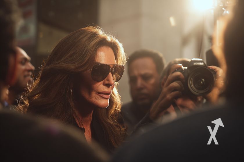 Caitlyn Jenner avec des lunettes de soleil entour&eacute; de papparazzi