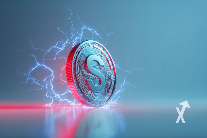 Coin solana sur un fond bleu avec &eacute;lectricit&eacute; autour
