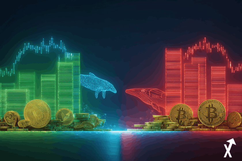 Illustration editoriale lumineuse en deux parties montrant le marche crypto a deux vitesses, cote gauche vert lumineux avec pieces MemeCore et Humanity Protocol montant sur des graphiques neon, cote droit rouge attenu&eacute; avec TRUMP et Ethena brisant leurs supports avec des silhouettes de baleines qui vendent, accents bleu electrique et or vifs, fond clair epure, style crypto financier editorial moderne et plat, lumineux et professionnel