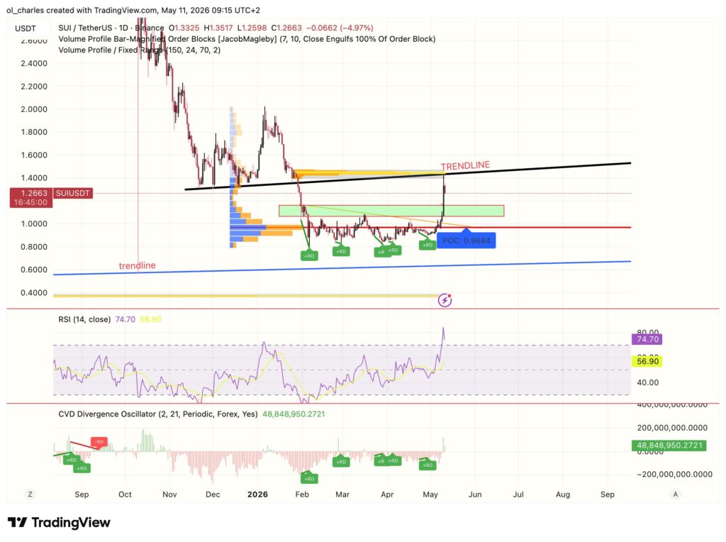 Gr&aacute;fico do pre&ccedil;o do SUI em 1 dia com order block, RSI e VPFR