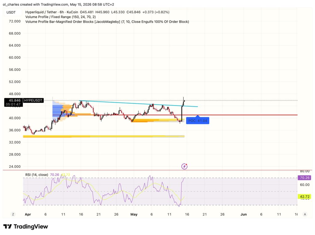 Preço do HYPE em 6 horas com order block e RSI
