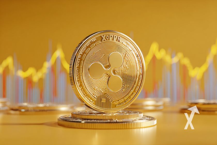 coin xrp sur un fond jaune avec trendline jaune derri&egrave;re