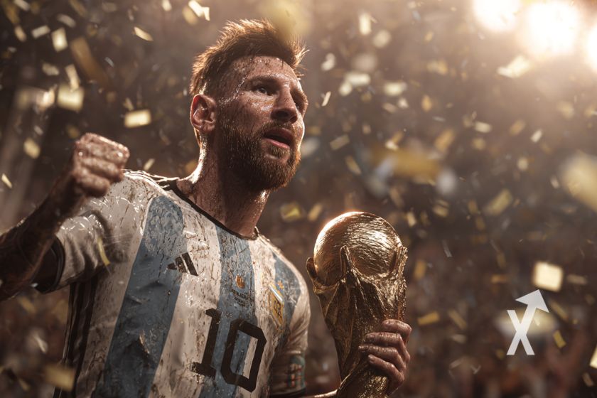Lionel messi sur un fond jaune avec des confettis et la coupe du monde dans ses mains