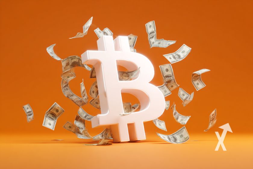 logo bitcoin blanc sur un fond orange avec billets dollars autour
