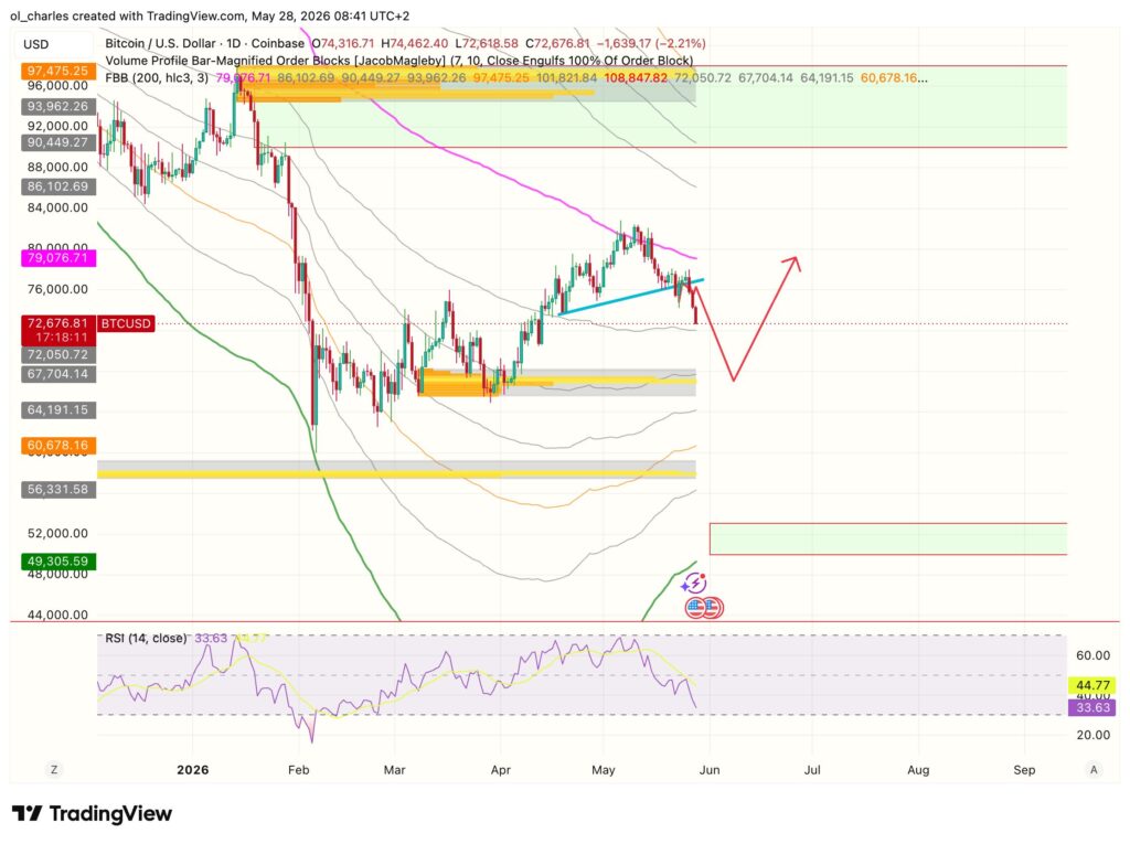 Gráfico diário do Bitcoin com blocos de ordem FBB e RSI
