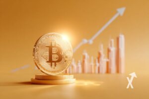 bitcoin coin orange sur un fond orange avec trendline et bougies