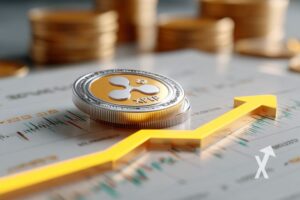 xrp coin sur un dashboard de trading blanc avec une fl&egrave;che jaune