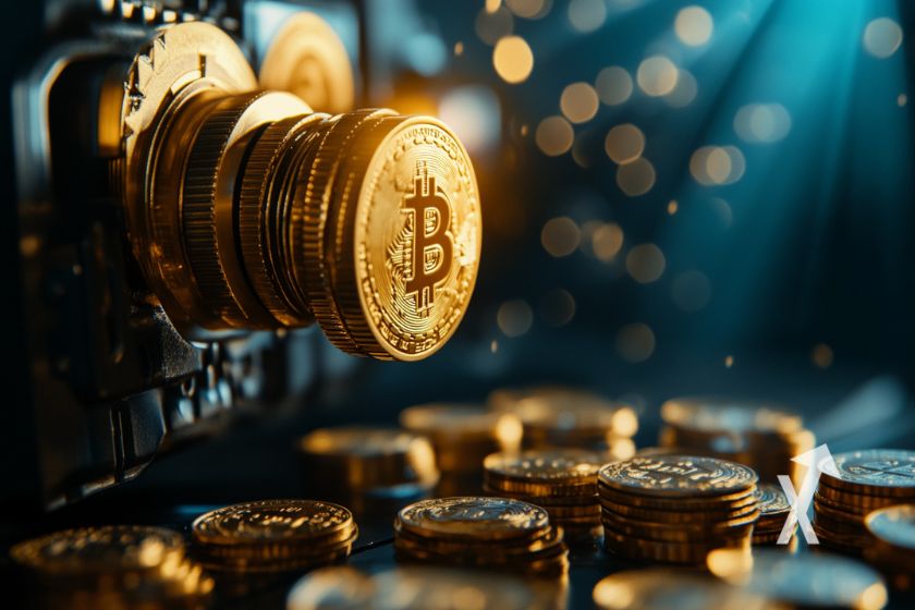 Cover gegen Bitcoin-Vergleichsdiagramm auf wei&szlig;em Hintergrund