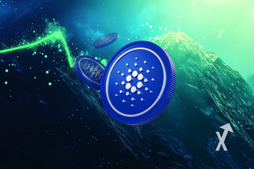 Cardano-Kryptow&auml;hrung mit digitaler Hintergrundtechnologie Logo.