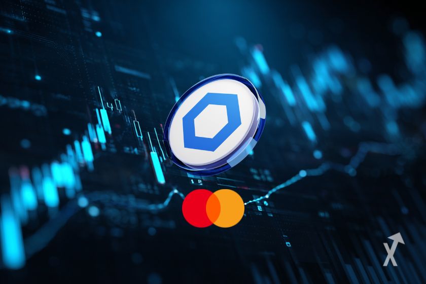 Logos von Chainlink und Mastercard