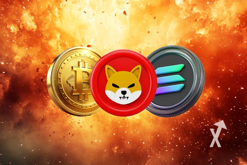 Kryptow&auml;hrungen Bitcoin, Solana und Shiba Inu.