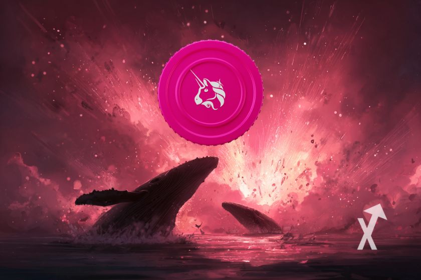 Krypto-W&auml;hrung UniSwap auf blauem Hintergrund.