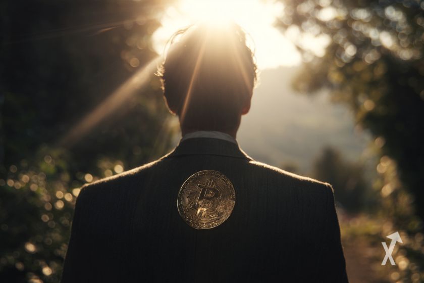 Mann in der Sonne mit Bitcoin-M&uuml;nze.