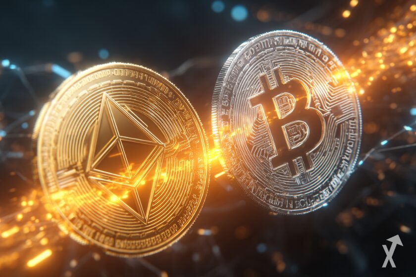 "Bitcoin Ethereum leuchten zusammen mit Feuer"