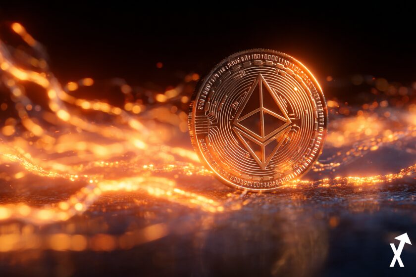 "Ethereum M&uuml;nze umgeben von Flammen"
