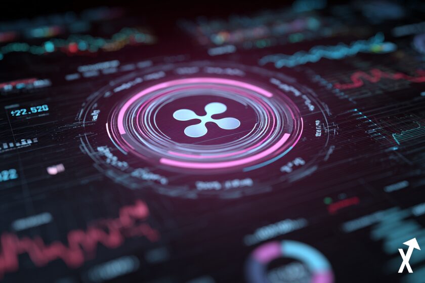 XRP-M&uuml;nze in lila Krypto-Umgebung umgeben.