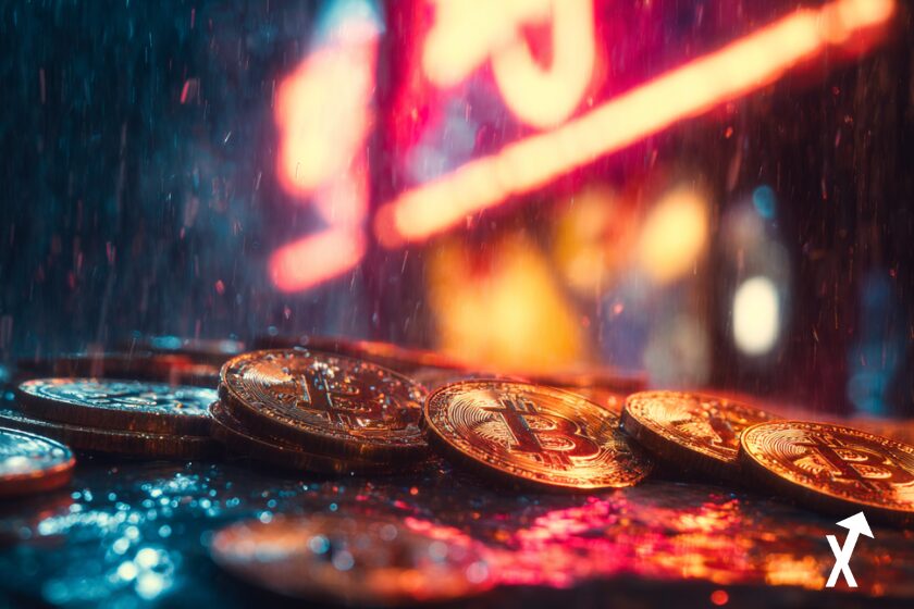 Bitcoin-Reichtum, Neonlichter auf nassen Stra&szlig;en.