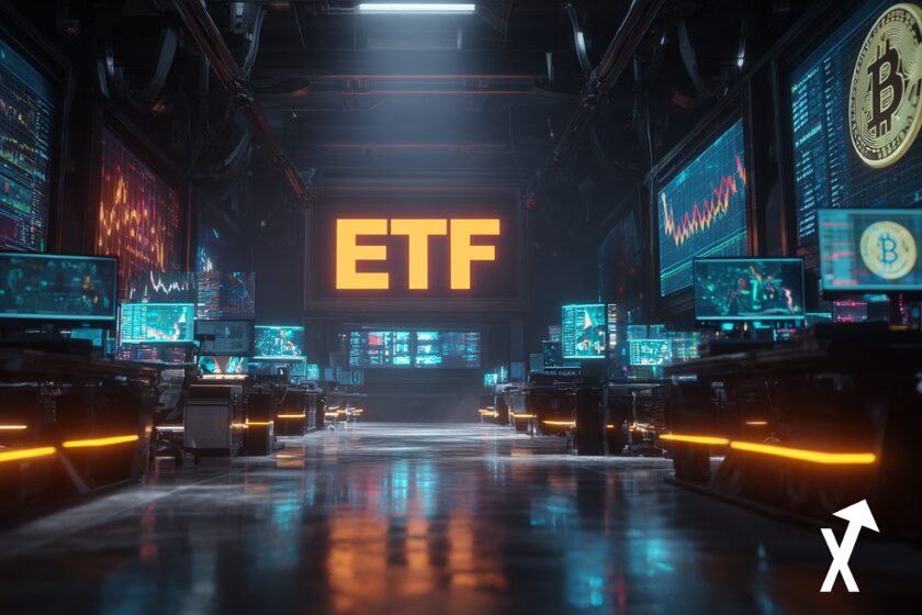 55 Kryptow&auml;hrungs-ETFs in den USA, Darstellung eines Finanzdiagramms mit Bitcoin- und Ethereum-Symbolen, amerikanische Flagge im Hintergrund, moderne digitale Illustration, futuristischer Stil,