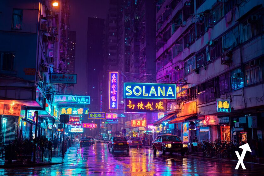 Solana in den Stra&szlig;en von Honk Gonk, n&auml;chtliche asiatische Atmosph&auml;re mit intensiven Farben.