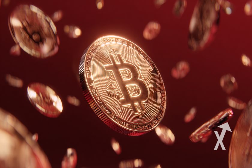 "3D Bitcoin-Ecken fliegen auf rotem Hintergrund"