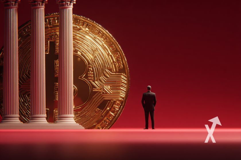 "Riesiger Bitcoin mit Insiderhandel Anzug"