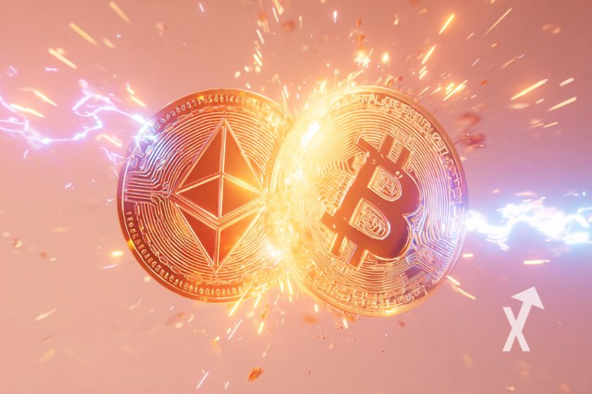 "Bitcoin und Ethereum M&uuml;nzen mit Funken" - German