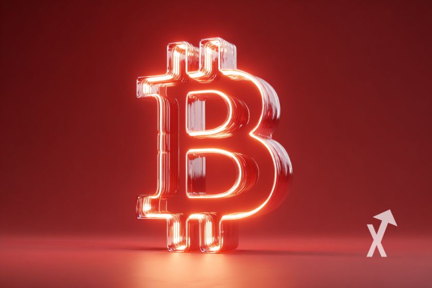 "Rotes Bitcoin-Logo auf rotem Hintergrund"