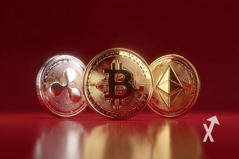 3 M&uuml;nzen 3D von XRP, BTC und ETH auf rotem Hintergrund.
