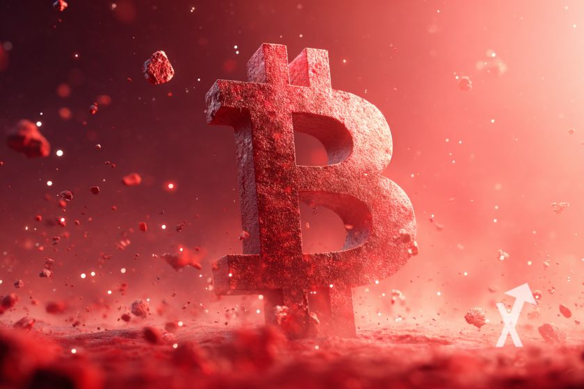 Rotes Bitcoin-Logo mit fallenden Steinen und rotem Hintergrund