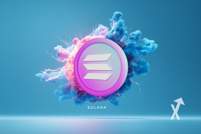 Solana M&uuml;nze 3D in lila blauem Himmel.