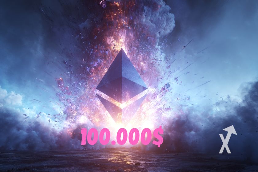 "Ethereum-Logo auf lila Hintergrund mit Rauch und schriftlichem Text"