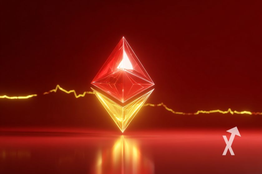Ethereum-Logo auf rotem Hintergrund.