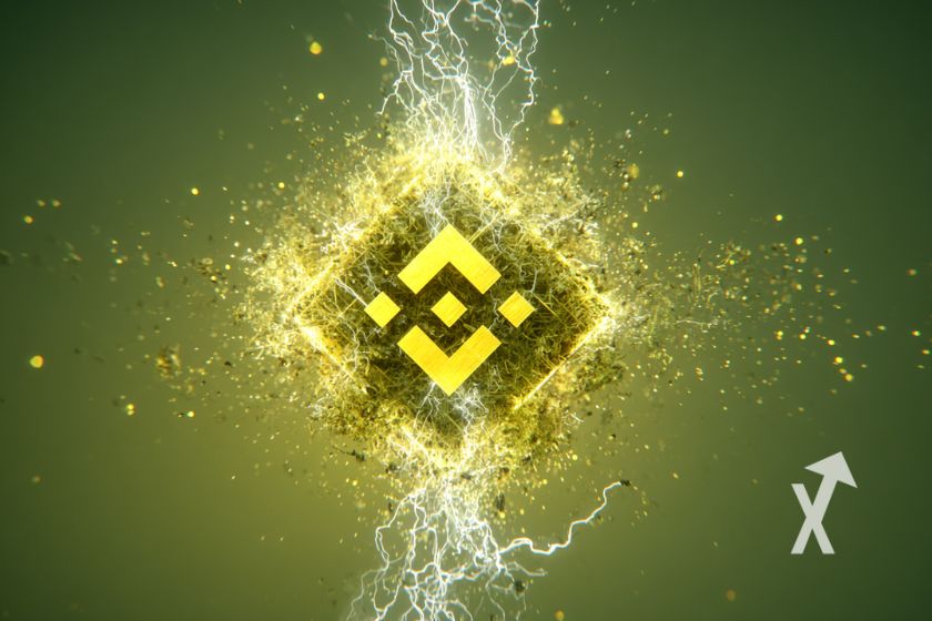 "Binance-Logo mit gelben Blitzen auf gr&uuml;nem Hintergrund"